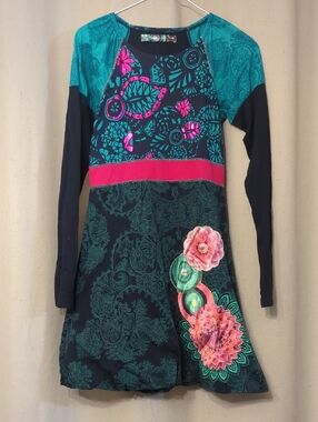 Desigual Teal, Pink & Navy Floral Long-Sleeve Dress
